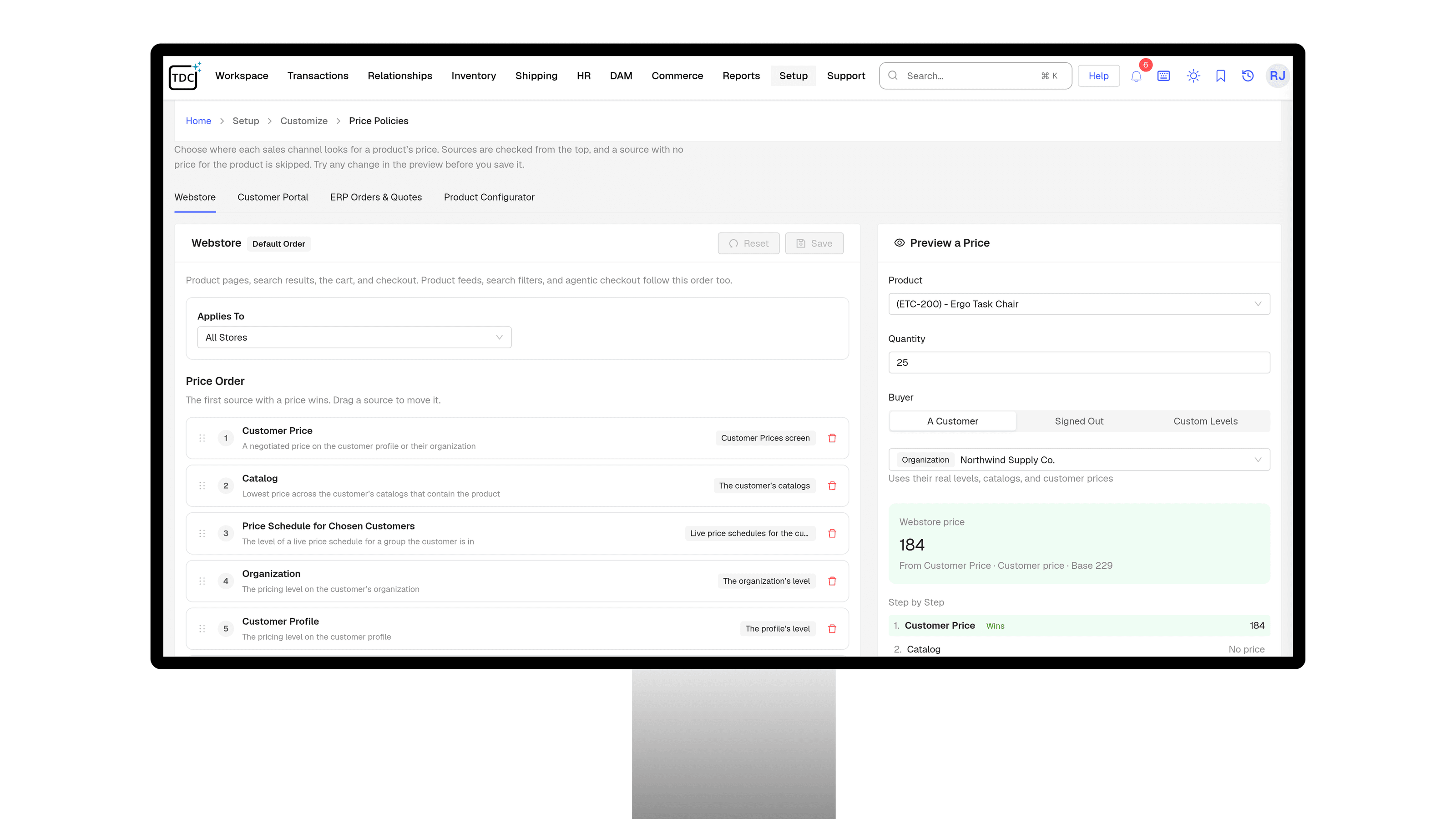The Price Policies screen in TDCCommerce: the webstore price order next to a preview of the price one customer pays